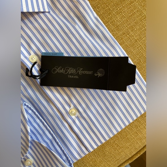NWT Saks Fifth Avenue Travel Blue and White Striped Button Down Shirt - Picture 2 of 6